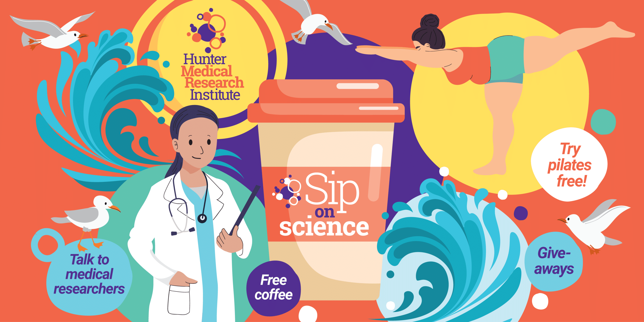 Sip on Science event banner with coffee cup, scientist and pilates